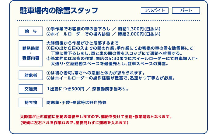 駐車場内の除雪スタッフ